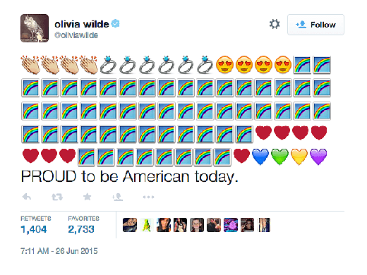 
	
	Nữ diễn viên chuyên trị vai đồng tính nữ Olivia Wilde cũng chia sẻ dòng cảm xúc: 'Hôm nay, tôi thật tự hào khi là một người Mỹ'.